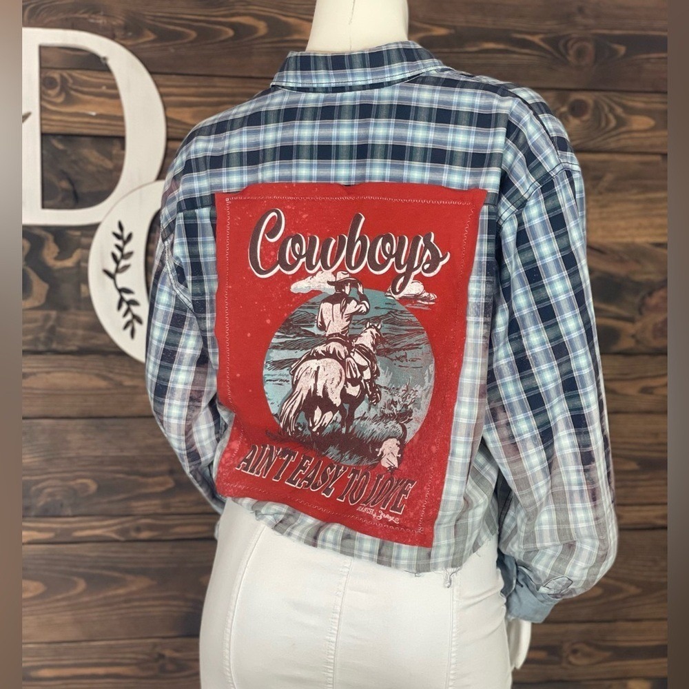 Custom Made Upcycled Reworked Reverse Dyed Plaid Cut off Button Up Shirt Cowboys